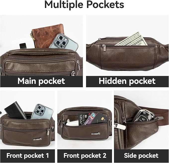 Genuine Leather Fanny Pack For Men and Women Multiple Pockets Waist Bag with Adjustable Strap for Travel Casual Sports Hiking Cycling Fishing Running Brown Belt Bag