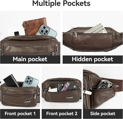 Genuine Leather Fanny Pack For Men and Women Multiple Pockets Waist Bag with Adjustable Strap for Travel Casual Sports Hiking Cycling Fishing Running Brown Belt Bag