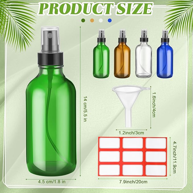 Fumete 36 Pcs Glass Spray Bottles 4oz Fine Mist Glass Spray Bottle Refillable Liquid Containers with 6 Labels 6 Funnel for Hair Travel Plants Cleaning Solutions Skin Care(Multicolor,Classic)