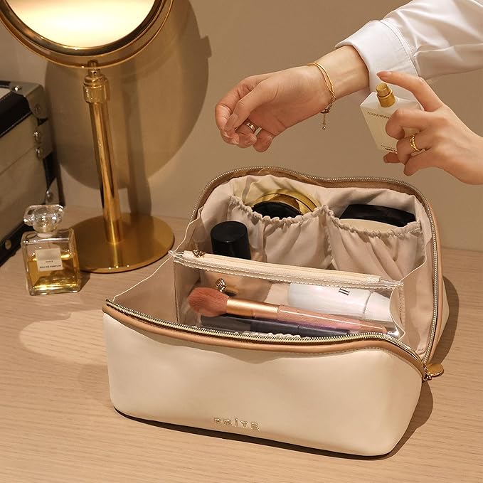 Prite Makeup Bag for Women Travel Waterproof Vegan Leather Cosmetic Bag Open Flat Toiletry Bag With Clear Divider and Handle (Beige)