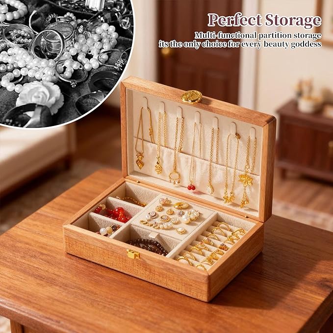 Travel Jewelry Case Small Wood Jewelry Organizer Jewelry Box for Women (Pine Wood Print A)