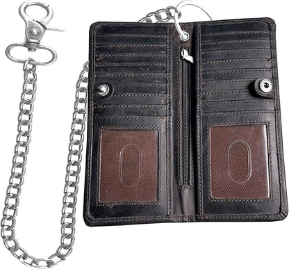 CLASSIC Motorcycle Chain Wallet for Men – Premium Cowhide Leather, RFID Bi-Fold Biker Wallet with Heavy Duty ChainBikers Truckers & Hunters, Credit Card Money Organizer Long Wallet Crazy Horse Brown