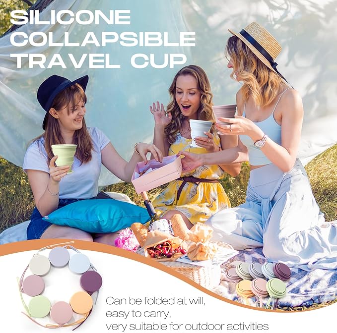 8 Pcs Silicone Collapsible Travel Cup Foldable 7 oz Camping Cups with Lids, Reusable Expandable Portable Drinking Mugs for Outdoor Hiking Camping and Travel(Macaron Colors)