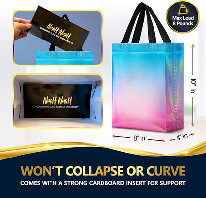 Nush Nush Aqua to Pink Gift Bags With Holographic Finish - Set of 60 Reusable Gift Bags Bulk Medium Size - Perfect Party Favor Bag Set For Small Business, Birthday, Bridal Shower, Events - 8Wx4Dx10H