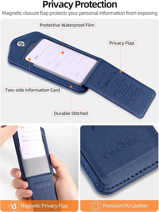 Luggage Tags, Works with Apple Find My, Leather Luggage Tag for Suitcases, Travel Tags, Bag Tag for Backpacks, Suitcase Tag with Privacy Flap, Anti-Lost Luggage Tracker, Travel Essentials, Navy Blue