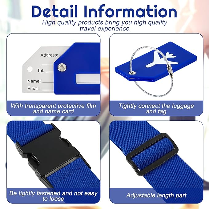 Weewooday 8 Pcs Luggage Straps Suitcase Tags Set for TSA Approved, 4 Travel Adjustable Suitcase Belt, 4 Silicone Luggage Tags with Name ID Card Travel Accessories(Ultramarine,Airplane)