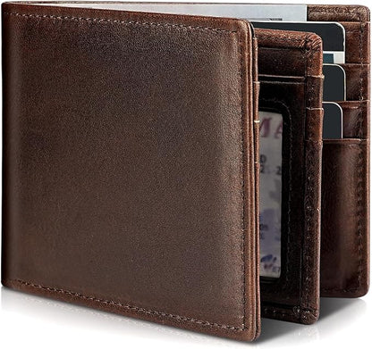 Mens Wallet Genuine Leather Bifold RFID Blocking Wallet for Men with 1 ID Window 13 Card Holders 2 cash pockets 1 Gift Box