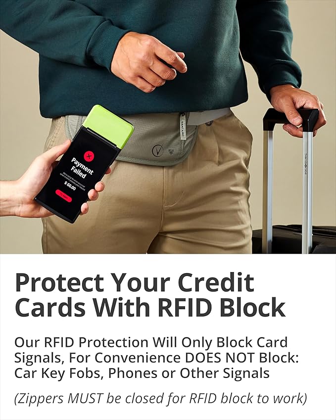 Vantamo Money Belt with RFID For Men & Women, Hidden Passport Holder for Travel, 2 Compartment Travel Fanny Pack for Women Anti Theft