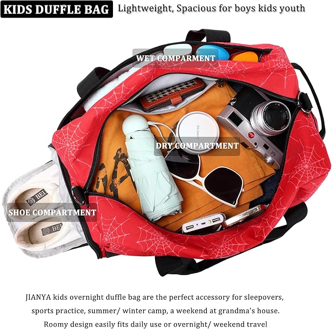 JIANYA Kids Duffle Bag Boys Sports Gym Bag with Shoe Compartment & Wet Pocket, Kids Carry On Weekender Travel Bag, Red