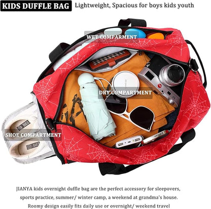JIANYA Kids Duffle Bag Boys Sports Gym Bag with Shoe Compartment & Wet Pocket, Kids Carry On Weekender Travel Bag, Red