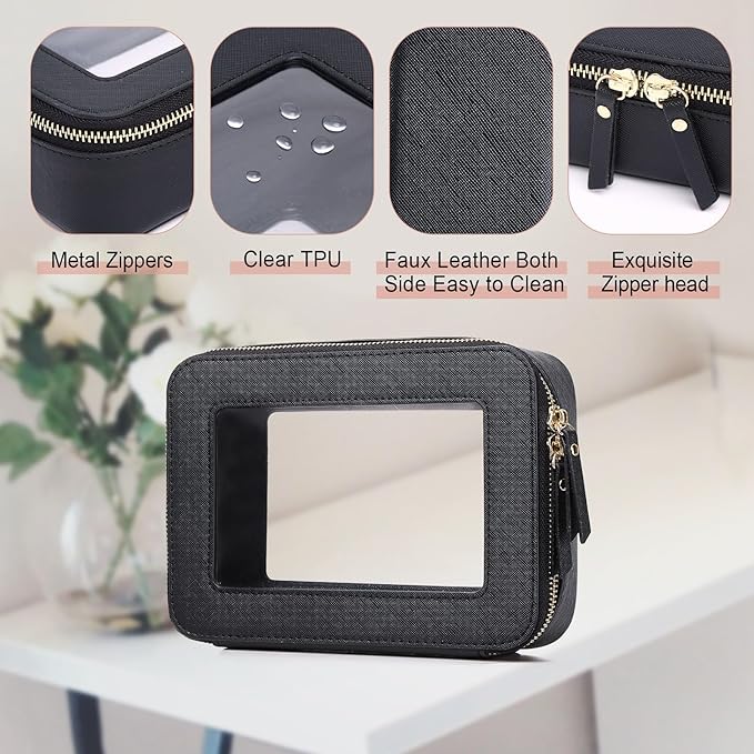 Pinkmik Clear Makeup Bag for Women Waterproof Travel Cosmetics and Toiletries Case Portable Makeup Oaganizer Bag Clear Car Bag with Zipper (Black, M)