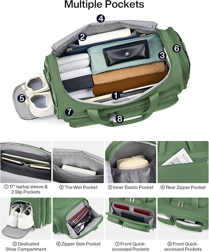 MILADA Carry On Luggage Bags for Travel Large Foldable Duffle Bag for Travel Lightweight Personal Bags for Airplanes Weekend Overnight Bags for Women Mens Travel Bag, Forest Green