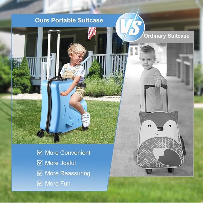 20 Inch Kid Ride Suitcase, Kid Luggage Seat Ride With Lock - Kids Travel Trolley With Safety Belt, Luggage For Kids Airplane Travel,Suitcase To Aged 1-6 Years Old, ABS+PC (Blue)