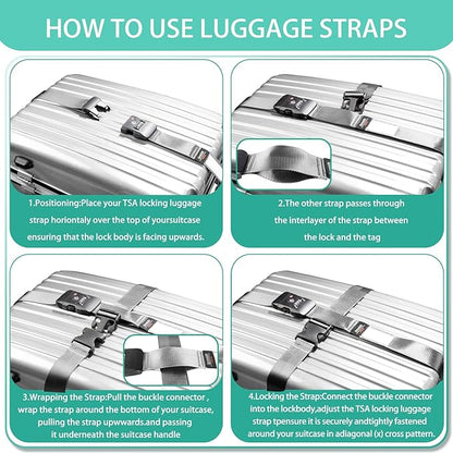 Cross Luggage Strap Belt for 20"-32" Suitcase with TSA Approved 3-Dial Combination Lock Wide Adjustable Packing Straps Travel Accessories, Grey