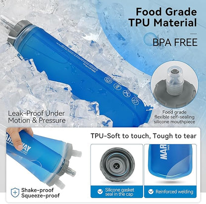 MARCHWAY Soft Hydration Flask with Wide Mouth, 300ml/500ml Collapsible TPU Water Bottle, Leakproof Portable Flexible for Running, Hiking, Cycling, Climbing, Gym, Travel (2pcs Dark Blue 300ml)