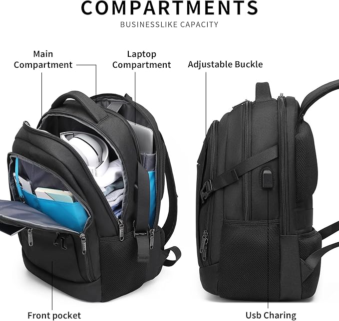 DUSLANG Anti-Theft Laptop Backpack, Black, 15.6-14-13 Inch Laptop Sleeve, USB Charging Port and Clear Cosmetic Toiletry Bag