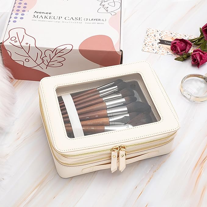 Aveniee Clear Makeup Bags, Double Layer Cosmetic Case with Separate Brush Compartment, Large Toiletry Organizer for Women, Travel Accessories Holder(2 Layers Large, White)