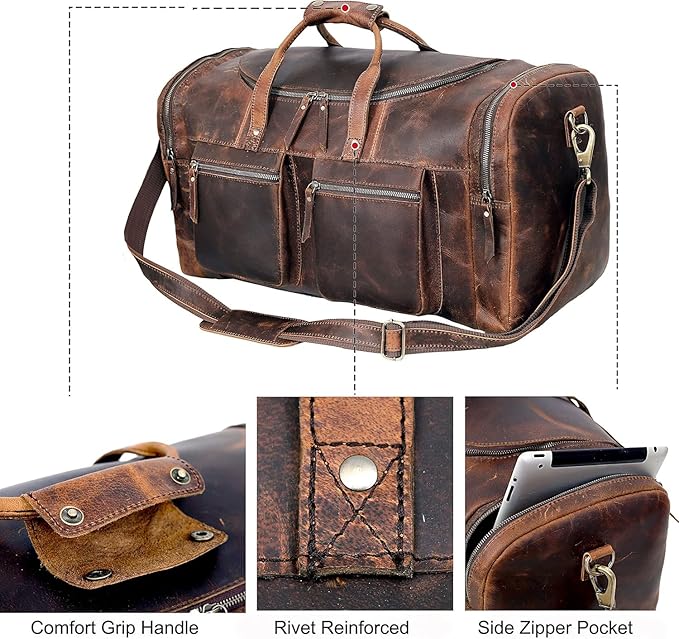 28" Vintage Duffel Classic Style with Modern Outlook Retro Thick Full Grain Cowhide Handmade Airplane Underseat Carry On Bags Leather Gym Overnight Luggage Bag