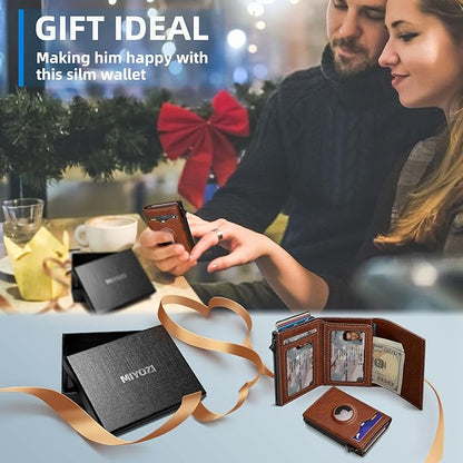 Airtag Wallet for Men,with Cash Pocket 2 ID Window 9-12 Cards,Metal Case Smart Slim Pop Up Credit Card Holder Flip with Magnetic Closure RFID Blocking Trifold wallet with Gift Box