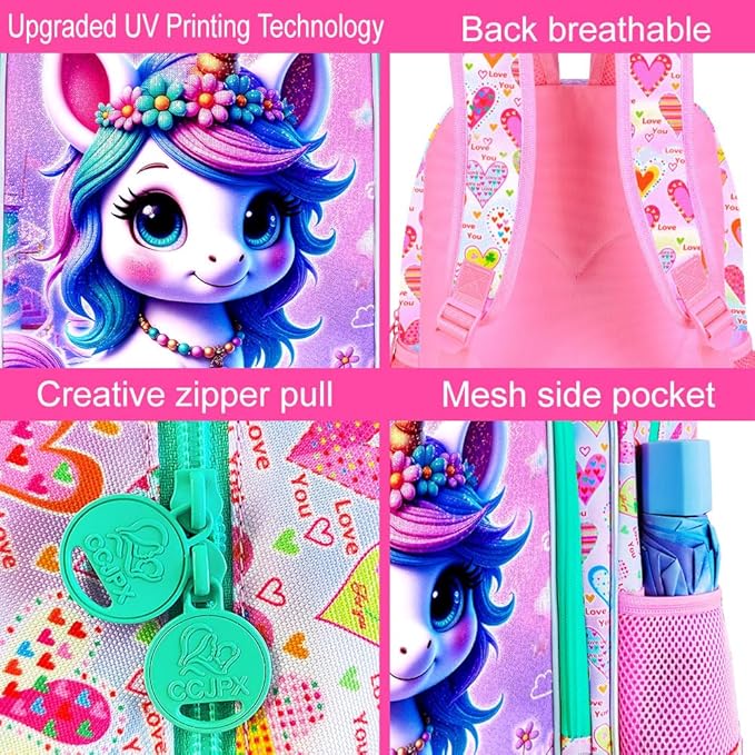 WZLVO 3PCS Kids Backpack for Girls, Unicorn Dinosaur Animal Prechool Elementary Kindergarten School Bookbag with Lunch Box