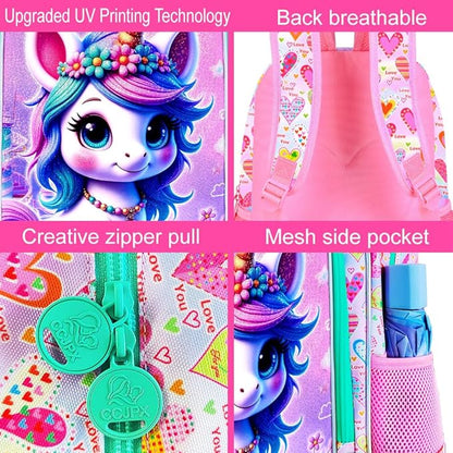 WZLVO 3PCS Kids Backpack for Girls, Unicorn Dinosaur Animal Prechool Elementary Kindergarten School Bookbag with Lunch Box