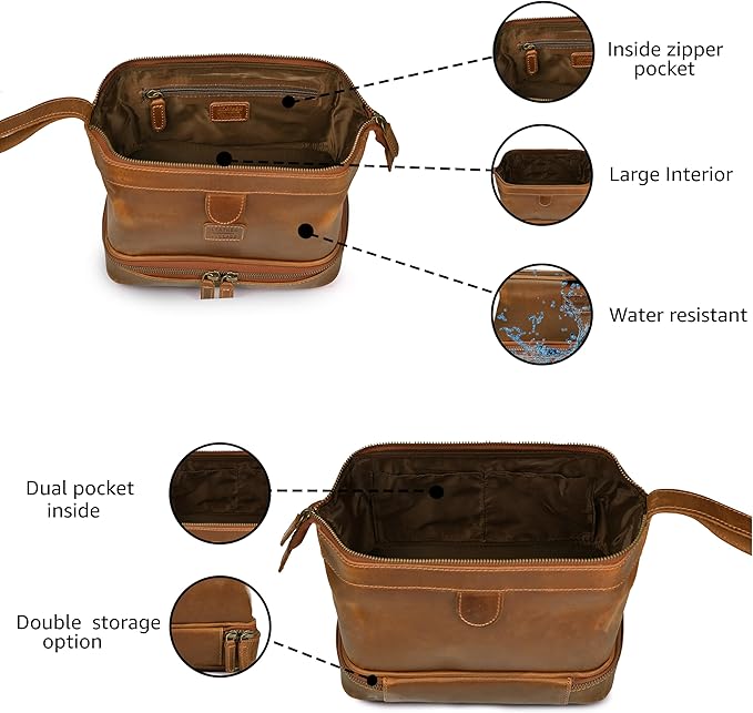 LEATHER VILLAGE Genuine Leather Dopp Kit – Large Travel Toiletry Bag with Waterproof Lining, Dual-Zip Design for Men & Women, Organizer for Shaving, Makeup & Essentials - Tan