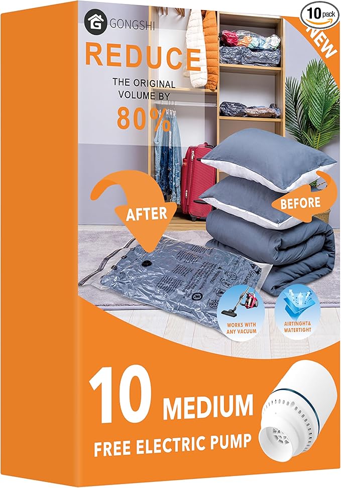 10 Medimu Vacuum Storage Bags with Electric Pump, Plastic Packaging Bags,Space Saver Sealer Compression Bags for Blankets, Comforters, Pillows, Clothes Storage