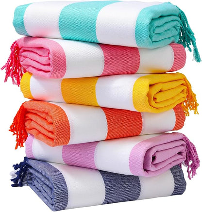 Genovega 6 Oversized Turkish Beach Bath Towel Set Bulk 74"x38" Extra Large Sand Free Quick Dry Swimming Camping Pool Clearance Towels Blanket Essentials Adult Multi Stripes Pink