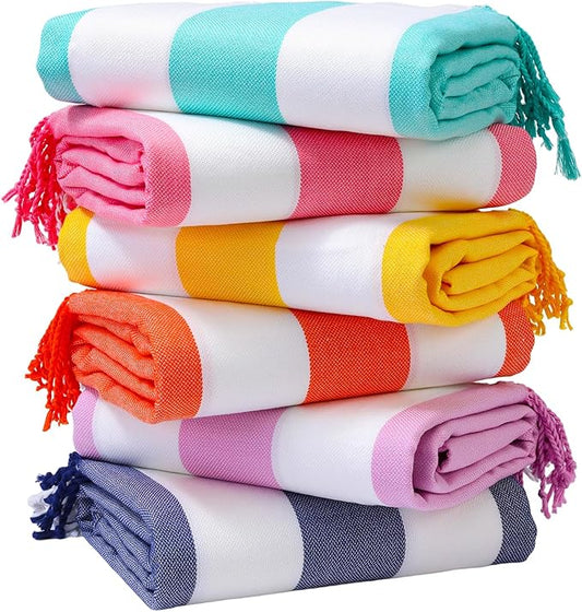 Genovega 6 Oversized Turkish Beach Bath Towel Set Bulk 74"x38" Extra Large Sand Free Quick Dry Swimming Camping Pool Clearance Towels Blanket Essentials Adult Multi Stripes Pink
