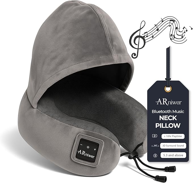 Bluetooth Music Semicircular Neck Pillow with Hood Wireless Bluetooth Speaker Suitable Airplane,Car,Office,and Outdoor Camping for Sleeping, Resting The Best Travel Essentials. (Dark Gray)