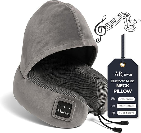 Bluetooth Music Semicircular Neck Pillow with Hood Wireless Bluetooth Speaker Suitable Airplane,Car,Office,and Outdoor Camping for Sleeping, Resting The Best Travel Essentials. (Dark Gray)