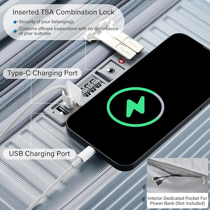 Large Checked Luggage 28 Inch Hard Shell Suitcases, Expandable Travel Luggage Lightweight Check In Luggage with Spinner Wheels Cup Holder Charger Built in, Silver