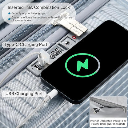 Large Checked Luggage 28 Inch Hard Shell Suitcases, Expandable Travel Luggage Lightweight Check In Luggage with Spinner Wheels Cup Holder Charger Built in, Silver