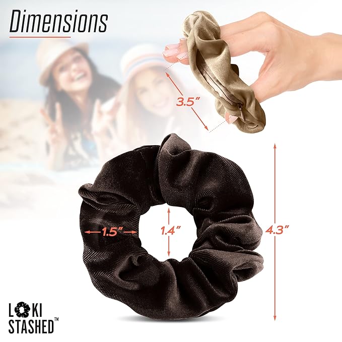3-PACK Velvet Hair Tie Scrunchies for VSCO Girls & Women, THE ORIGINAL HIDDEN POCKET SCRUNCHIE with Zipper Pocket Storage, Accessories, Small Items, Keys, Money (Mocha Set)