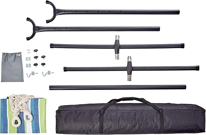 Amazon Basics Double Hammock with 9-Foot Space Saving Steel Stand and Carrying Case, 450 lb Capacity, Oasis Stripe, 110 x 47 x 43 inches