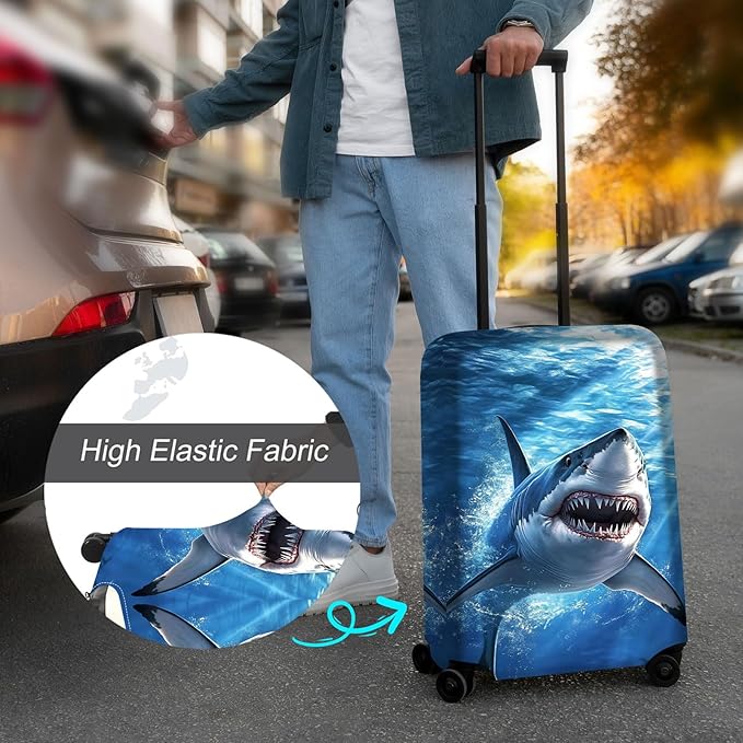 Luggage Cover Protector for 26-28 Inch Suitcases, TSA Approved Elastic Travel Suitcase Covers, Anti-Scratch Washable Luggage Sleeve for Carry On & Checked Bags, White Shark