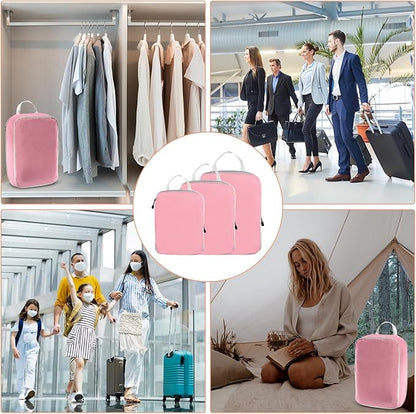 PATIKIL Compression Packing Cube for Travel, 3 Set Waterproof Nylon Luggage Organizer Bags Lightweight Compression Cube for Outdoor Suitcases Backpack, Pink