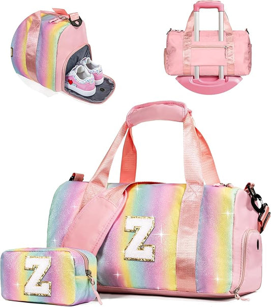 Birthday Gift for Granddaughter-Girl Gym Bag with Shoe Compartment, Kid Personalized Weekender Overnight Bags, Initial Travel Tote with Makeup Pouch, Christmas Gifts for Girls (Letter Z)