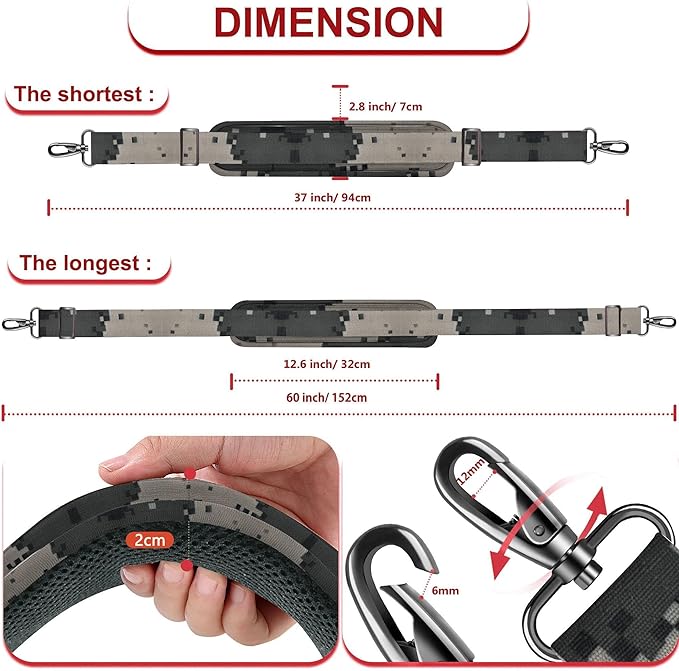 ZINZ 60" Universal Bag Strap with Ultra-Thick Fixed Breathable Pad Adjustable Heavy-Duty Shoulder Strap for Laptop Bag Crossbody Luggage Gym Bag Camera Bag and More,Camouflage Gray