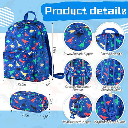 Redbaker 6 Pcs Kids Luggage Set 17 Inch Kids Rolling Luggage Double Pattern Suitcase for Girls Boys School Gift(Dark Blue,Dinosaur Style)