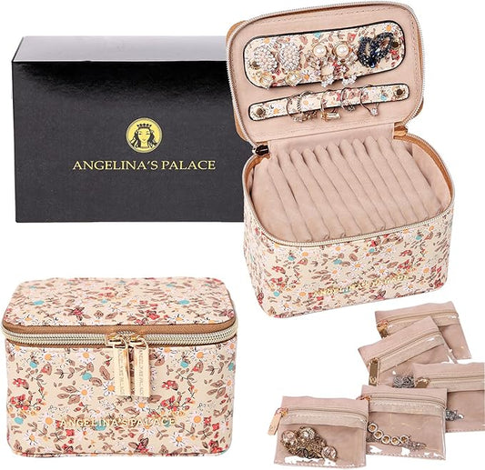 Angelina's Palace Jewelry Organizer Case Bridesmaid Gifts Travel Bag Vegan Leather Box for Necklace Earring Bracelet Ring(blossom tan)