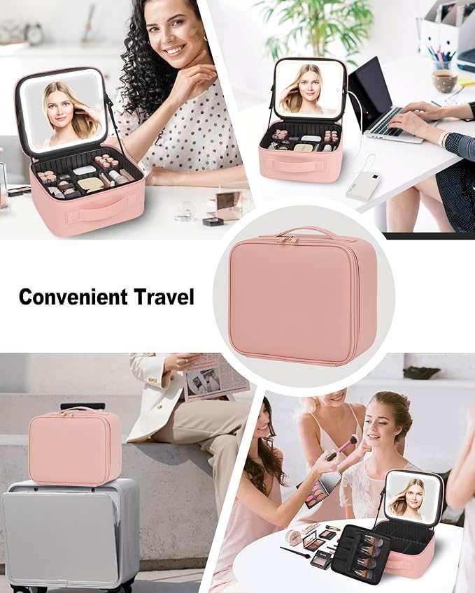 TANTO Makeup Bag With LED Mirror, Travel Makeup Case with Light up Mirror Large Cosmetic Case with 3 Color Lighted Portable Professional Organizer Bag with Adjustable Dividers（Pink）