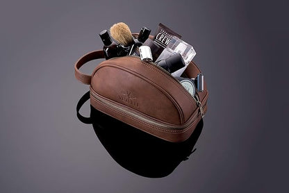 Vetell Classic Leather Men's Travel Toiletry Bag and Dopp Kit with Upper and Lower Zippered Compartments, 2 Mesh Bottle Pouches and Carrying Handle