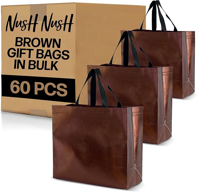 Nush Nush Chocolate Gift Bags Large Size – Set of 60 Reusable Shiny Brown Gift Bags With Handles- Metallic Party Favors Bags In Bulk For Small Business Use In Gifting Events, Birthdays - 13Wx5Dx11H
