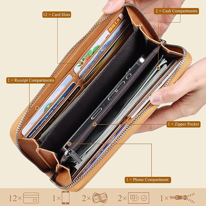 VISOUL Leather Long Zipper Pouch Wallet for Men and Women with RFID Blocking, Large Clutch Cash Long Wallet with Zipper (Tan)