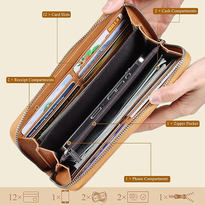 VISOUL Leather Long Zipper Pouch Wallet for Men and Women with RFID Blocking, Large Clutch Cash Long Wallet with Zipper (Tan)