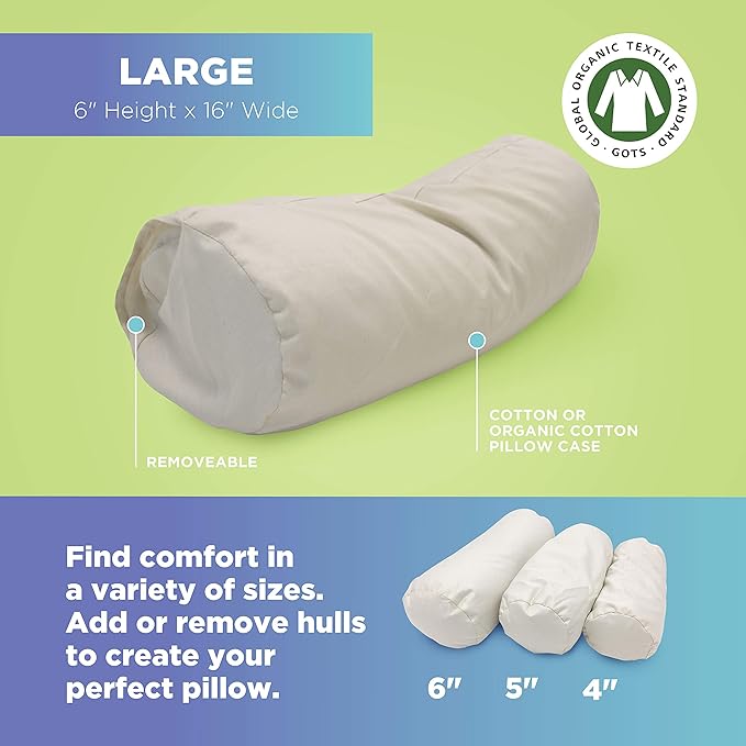 Organic Cotton Neck Roll Pillow with Pillowcase – Organic Millet Filled Soft Neck Pillow with Breathable and Durable Fabric Washable Protector – Supportive for Deep Sleep – Made in USA, 6" x 16"
