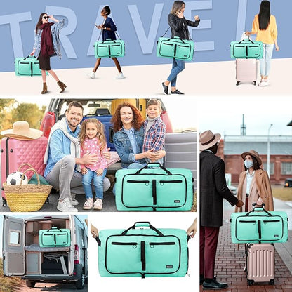 Fmeida 65L Duffle Bag with Shoes Compartment, Foldable Travel Duffel Bags for Men Women, Large Packable Travel Bag Water Repellent & Tear Resistant (Mint Green)