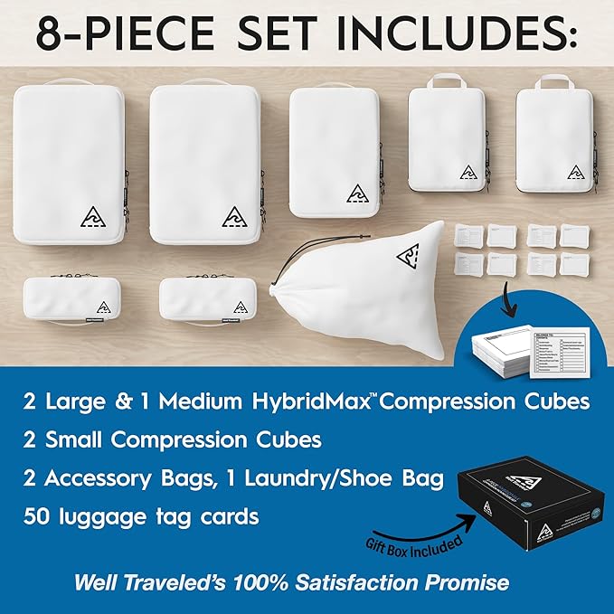 8-Piece Luxury Compression Packing Cubes & Bags for Travel – Maximize Space in Luggage with HybridMax Double-Capacity Design, 50 Luggage Tags, Deluxe Set, Lifetime Satisfaction Suitcase Organizer Bags