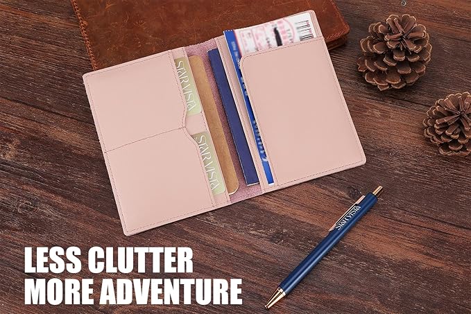 STAR VISTA Albatross Leather Travel Passport Holder, Minimalist Design, Calfskin Leather Case for Women and Men - Slim Passport Wallet, Bifold, RFID Blocking, Pale Pink